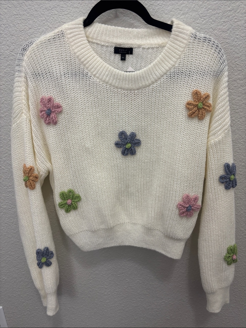 debut Cream Crewneck Sweater with Pink, Green, Blue, and Tan Flower Appliqués